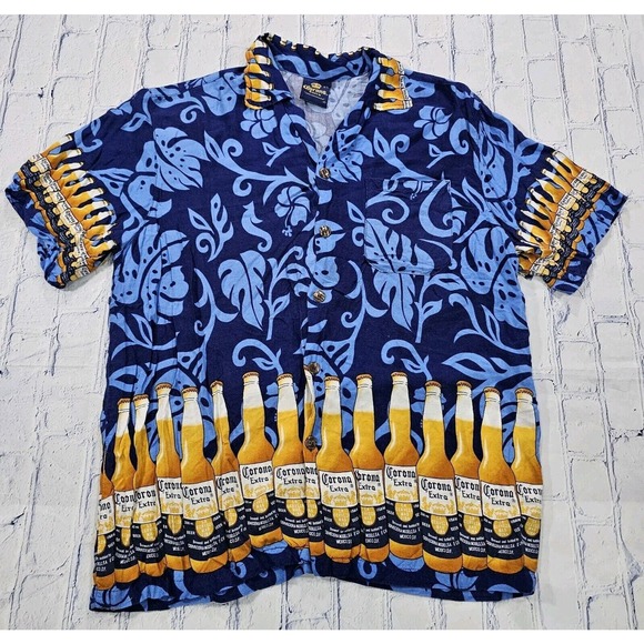 Vintage Corona Extra Beer Allover Design AOP Hawaiian Short Sleeve Shirt MENS L - Picture 1 of 15